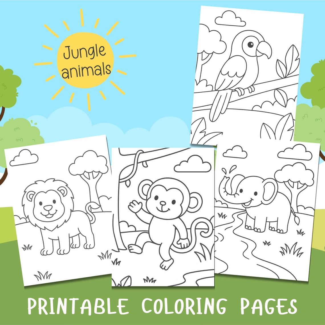 Jungle Animal Coloring Pages for Kids – Toddler Coloring Sheets, Jungle ...