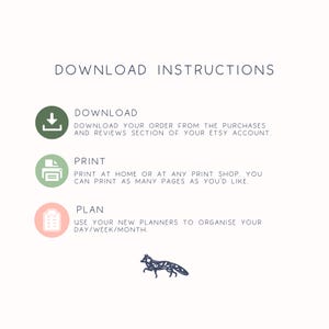 Peut inclure: Instructions de t&eacute;l&eacute;chargement pour les planificateurs imprimables. Les instructions comprennent le t&eacute;l&eacute;chargement de la commande depuis Etsy, l'impression &agrave; domicile ou dans un magasin d'impression, et la planification avec les nouveaux planificateurs. L'image comprend des ic&ocirc;nes pour le t&eacute;l&eacute;chargement, l'impression et la planification.