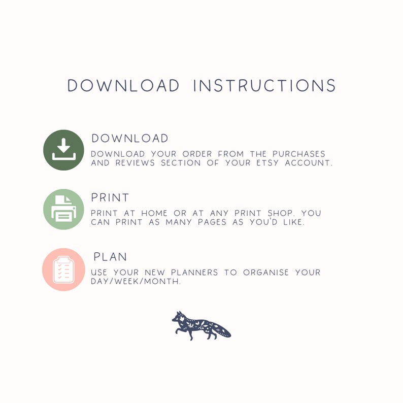Peut inclure: Instructions de t&eacute;l&eacute;chargement pour les planificateurs imprimables. Les instructions comprennent le t&eacute;l&eacute;chargement de la commande depuis Etsy, l'impression &agrave; domicile ou dans un magasin d'impression, et la planification avec les nouveaux planificateurs. L'image comprend des ic&ocirc;nes pour le t&eacute;l&eacute;chargement, l'impression et la planification.