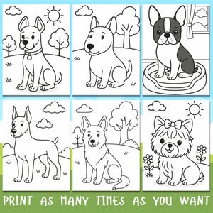 Op de afbeelding: Zes zwart-wit lijntekeningen van verschillende hondenrassen, klaar om in te kleuren. Elke hond wordt in een unieke pose afgebeeld, met achtergronden van bomen, wolken en een zon. De zin "PRINT AS MANY TIMES AS YOU WANT" staat onderaan.