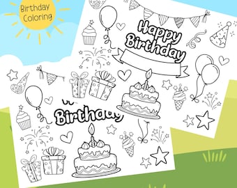 Página para colorear de Feliz Cumpleaños para imprimir: hojas de actividades para fiestas infantiles, decoraciones de feliz cumpleaños, celebraciones DIY, descarga digital