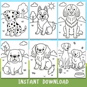 Op de afbeelding: Zes afdrukbare kleurplaten met verschillende hondenrassen. Elke pagina toont een enkele hond of een paar honden in een grasrijke buitenomgeving. De illustraties zijn in zwart-wit, klaar om in te kleuren. De tekst "INSTANT DOWNLOAD" staat onderaan.