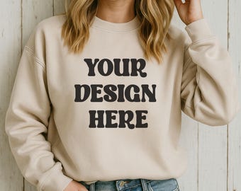 Gildan 18000 Sand Sweatshirt Mockup | G180 Sand Beige Crewneck Mock-up | Gildan Sand Sweater | Neutral Minimal Aesthetic