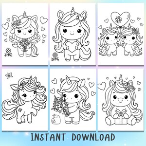May include: Six black and white coloring pages featuring cute unicorn illustrations. Each page includes hearts, flowers, and other Valentine's Day themed elements.