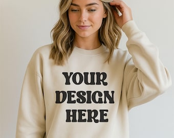 Gildan 18000 Sand Sweatshirt Mockup | G180 Sand Beige Crewneck Mock-up | Gildan Sand Sweater | Neutral Minimal Aesthetic
