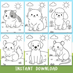 May include: Six black and white coloring pages with cartoon animals: a hamster, cat, poodle, chinchilla, dog, and mouse. Each animal is depicted with a sunny sky background, grass, clouds, and sun. The words 'INSTANT DOWNLOAD' are at the bottom.