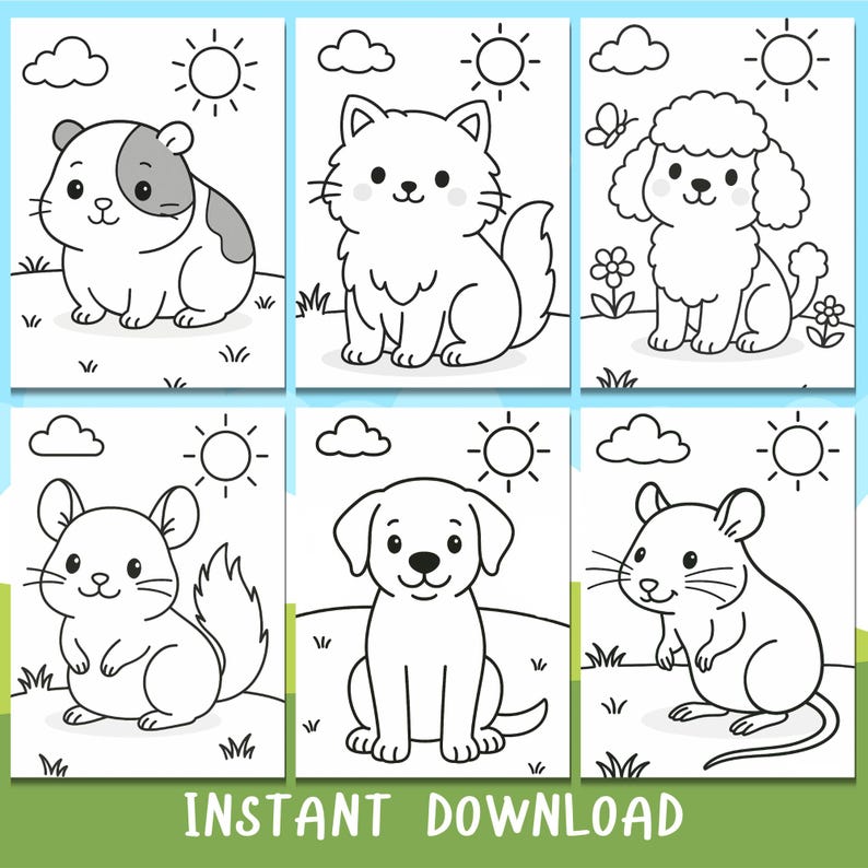 May include: Six black and white coloring pages with cartoon animals: a hamster, cat, poodle, chinchilla, dog, and mouse. Each animal is depicted with a sunny sky background, grass, clouds, and sun. The words 'INSTANT DOWNLOAD' are at the bottom.