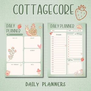 A printable cottagecore planner set featuring cute frogs, snails, flowers, and strawberries. Includes daily, weekly, and monthly planners in pastel green tones for a cozy, nature-inspired aesthetic.