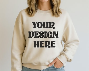 Gildan 18000 Sand Sweatshirt Mockup | G180 Sand Beige Crewneck Mock-up | Gildan Sand Sweater | Neutral Minimal Aesthetic