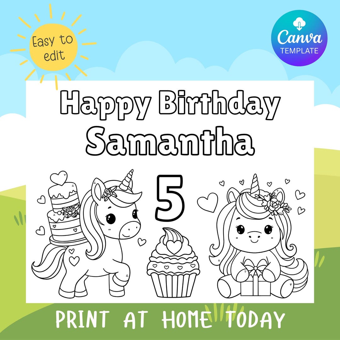 Editable Unicorn Birthday Coloring Page – Unicorn Party Favor, Unicorn ...