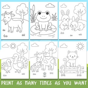 May include: Black and white coloring page featuring a variety of farm animals, including a goat, frog, rabbits, a cow and calf, a turkey, and a cat.  The animals are drawn in a simple, cartoon style and are perfect for children to color.