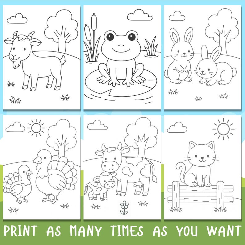 May include: Black and white coloring page featuring a variety of farm animals, including a goat, frog, rabbits, a cow and calf, a turkey, and a cat.  The animals are drawn in a simple, cartoon style and are perfect for children to color.