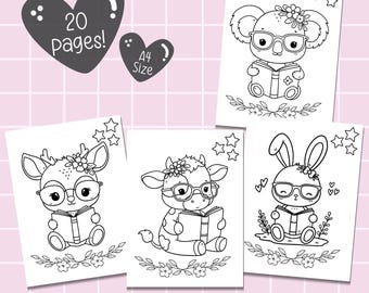 Cute Animals Reading Coloring Pages – Toddler Coloring Activity, Coloring pages for adults, Preschool Art Activity, Animal Coloring Pages