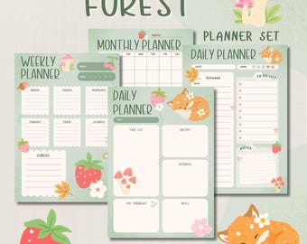 Ensemble d'agendas forestiers Cottagecore imprimable | Esthétique mignonne de renard et de champignon | PDF et JPG quotidiens, hebdomadaires et mensuels