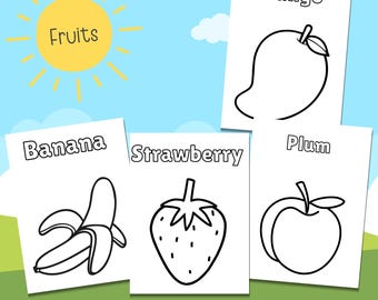Fruit Coloring Pages for Kids, Toddler Printable Coloring, Easy Fruit Worksheets, Educational Coloring Pages with Fruit Names