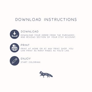 Op de afbeelding: Een witte achtergrond met bovenaan de tekst "DOWNLOAD INSTRUCTIES". Daaronder staan drie cirkelvormige pictogrammen met tekst: "DOWNLOAD", "PRINT" en "GENIET". Elk pictogram heeft een korte beschrijving. Onderaan staat een decoratief vossilhouet.