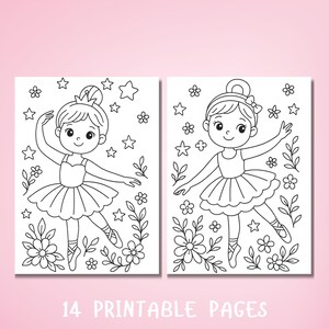 Może przedstawiać: Dwie czarno-białe strony do wydruku z baletnicami z kresk&oacute;wek w tutu, otoczone kwiatami, gwiazdami i liśćmi. Tekst "14 PRINTABLE PAGES" znajduje się na dole. Idealne do kolorowania i zajęć kreatywnych.