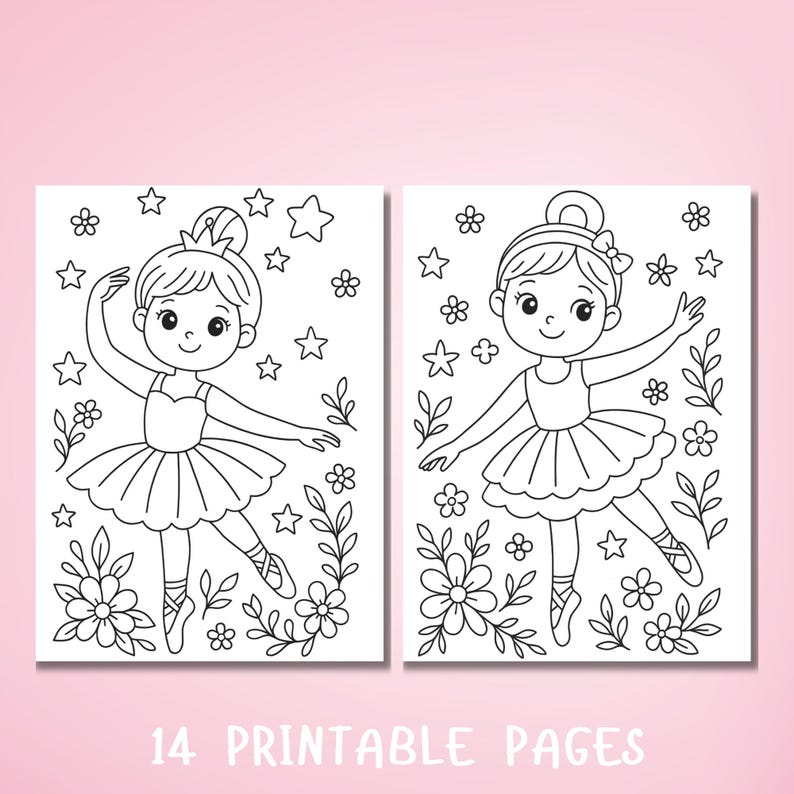 Może przedstawiać: Dwie czarno-białe strony do wydruku z baletnicami z kresk&oacute;wek w tutu, otoczone kwiatami, gwiazdami i liśćmi. Tekst "14 PRINTABLE PAGES" znajduje się na dole. Idealne do kolorowania i zajęć kreatywnych.
