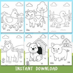 May include: Black and white coloring page featuring six farm animals: a hen with chicks, a cow, a duck with ducklings, a horse, a dog, and a pig. The animals are drawn in a simple, cartoon style.