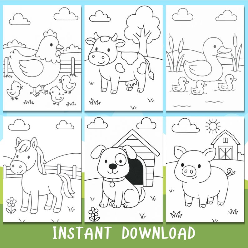 May include: Black and white coloring page featuring six farm animals: a hen with chicks, a cow, a duck with ducklings, a horse, a dog, and a pig. The animals are drawn in a simple, cartoon style.