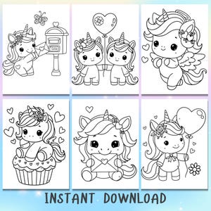 May include: A set of six black and white coloring pages featuring cute unicorns with hearts, balloons, and other Valentine's Day themed elements.  The pages are perfect for kids to color and enjoy the holiday.