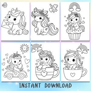 May include: Six black and white coloring pages featuring cute unicorns in different scenes. The unicorns are holding letters, sitting in teacups, riding in cars, and more.