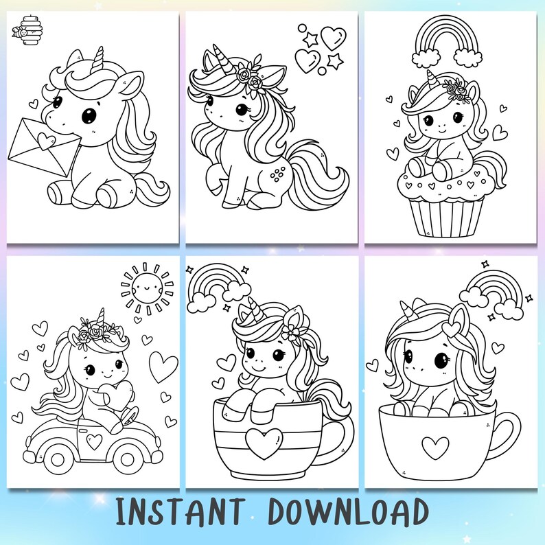 May include: Six black and white coloring pages featuring cute unicorns in different scenes. The unicorns are holding letters, sitting in teacups, riding in cars, and more.