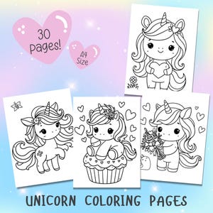 May include: A set of 30 printable unicorn coloring pages. Each page features a cute unicorn with hearts and flowers. The pages are A4 size.
