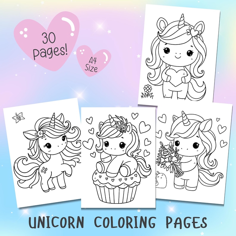 May include: A set of 30 printable unicorn coloring pages. Each page features a cute unicorn with hearts and flowers. The pages are A4 size.