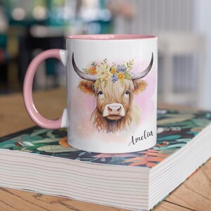 Personalized Highland Cow Mug – Cute Watercolor Highland Cattle Coffee Cup – Custom Farm Animal Gift