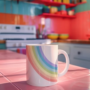 Pastel Vintage Rainbow Mug – 80s Inspired Retro Ceramic Coffee Cup, Nostalgic Drinkware for Tea, Hot Cocoa & Unique Gifts