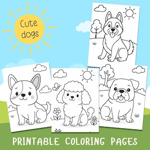 Op de afbeelding: Printbare kleurplaten met cartoonhonden. De zwart-wit illustraties tonen verschillende hondenrassen. De achtergrond is een blauwe lucht met een gele zon en groen gras. Tekst bevat "Cute dogs" en "PRINTABLE COLORING PAGES".