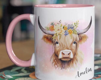 Personalized Highland Cow Mug – Cute Watercolor Highland Cattle Coffee Cup – Custom Farm Animal Gift