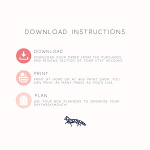 Puede incluir: Instrucciones de descarga para planificadores imprimibles. Las instrucciones incluyen descargar el pedido de Etsy, imprimir en casa o en una tienda de impresi&oacute;n, y planificar con los nuevos planificadores.