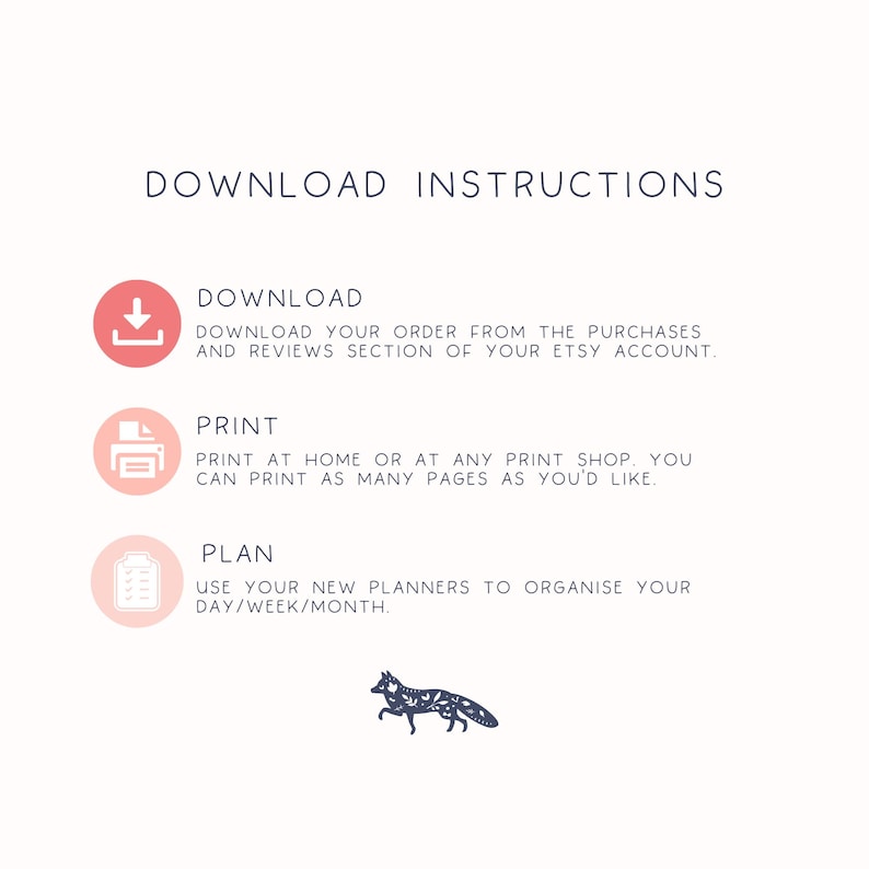 Puede incluir: Instrucciones de descarga para planificadores imprimibles. Las instrucciones incluyen descargar el pedido de Etsy, imprimir en casa o en una tienda de impresi&oacute;n, y planificar con los nuevos planificadores.