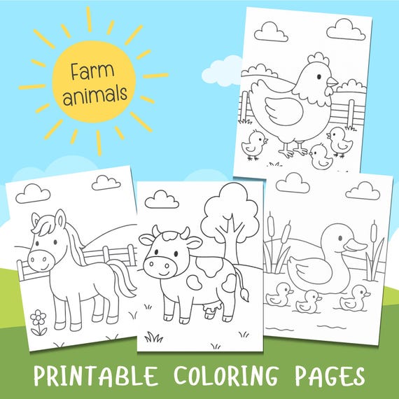 Farm Animal Coloring Pages for Kids – Toddler Coloring Sheets, Farm Party Activity, Preschool Printable, Cute Farm Animals