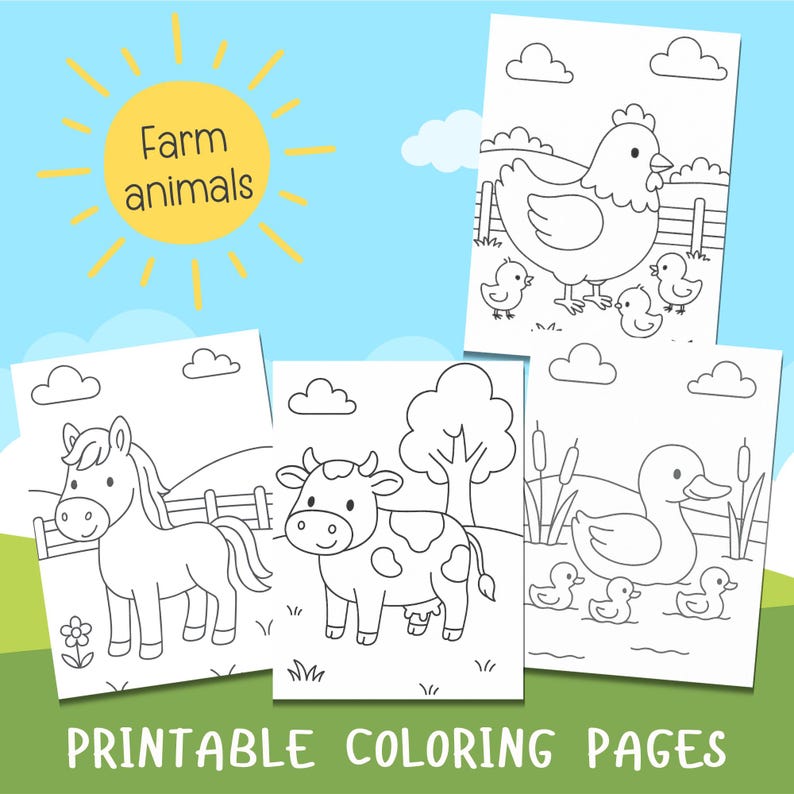 May include: Four black and white printable coloring pages featuring farm animals. The pages include a horse, a cow, a hen with chicks, and a duck with ducklings.