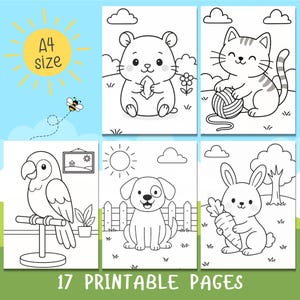 May include: A set of A4-sized printable coloring pages with adorable animal illustrations. The designs include a hamster, cat, parrot, dog, and rabbit. The image also displays the text "17 PRINTABLE PAGES".