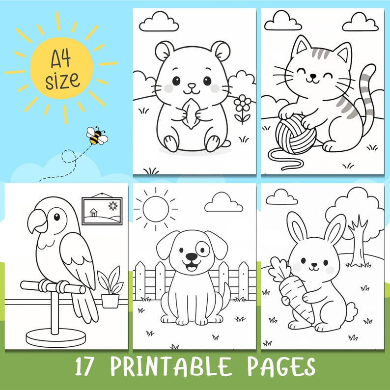 May include: A set of A4-sized printable coloring pages with adorable animal illustrations. The designs include a hamster, cat, parrot, dog, and rabbit. The image also displays the text "17 PRINTABLE PAGES".
