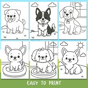 Op de afbeelding: Zes afdrukbare kleurplaten met schattige cartoonhonden in verschillende poses. Elke pagina toont een ander ras, met de zin "EASY TO PRINT" onderaan. Ideaal voor kinderactiviteiten.