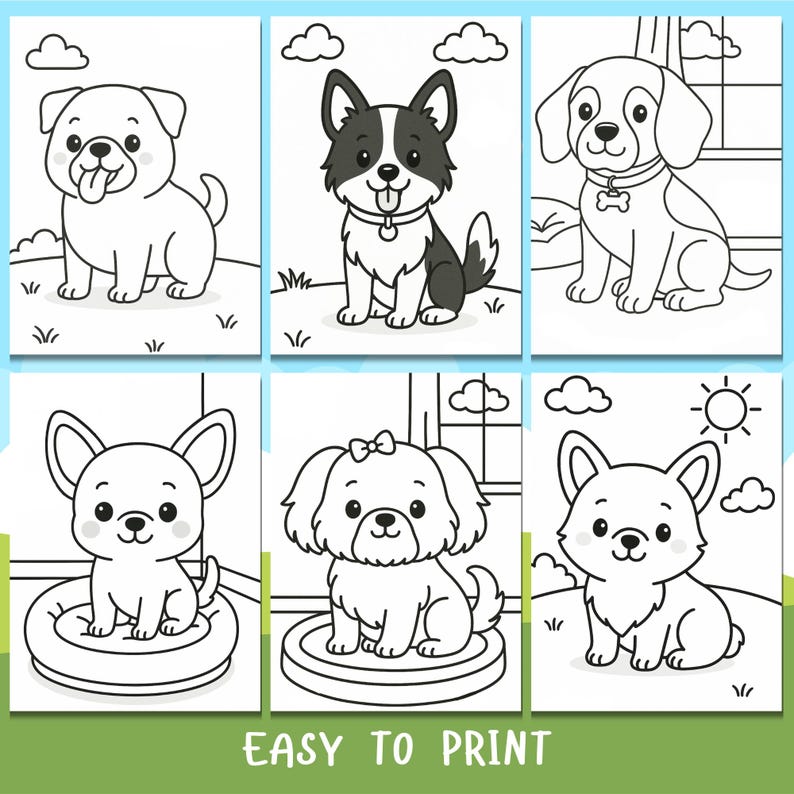Op de afbeelding: Zes afdrukbare kleurplaten met schattige cartoonhonden in verschillende poses. Elke pagina toont een ander ras, met de zin "EASY TO PRINT" onderaan. Ideaal voor kinderactiviteiten.
