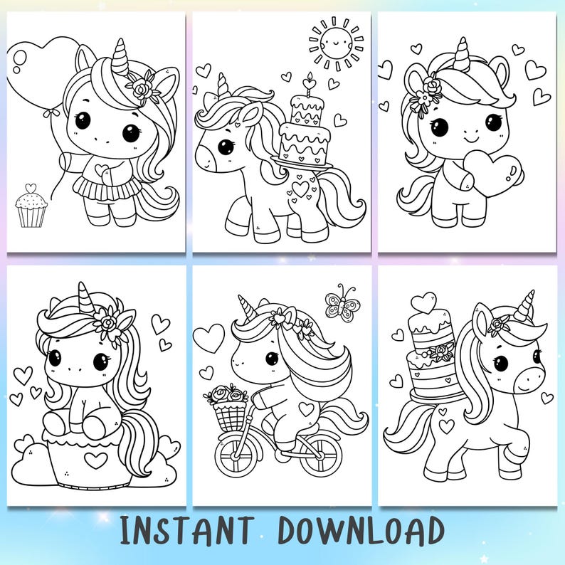 May include: Six black and white coloring pages featuring cute unicorn illustrations. The unicorns are depicted in various activities, including holding a balloon, carrying a cake, riding a bicycle, and holding a heart. Each page includes hearts and other decorative elements.