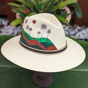 Landscape hats, hand-painted hats, Colombian Mexican hats, Aguadeño hats. Hats, birds, landscapes, mountains and palm trees, mountains hat.