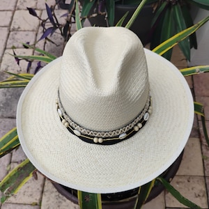 Decorated hat, design hat, unisex hat, stylish hat, summer hats, fashion hat, unique piece, shells, wood beads, panama hat, with bands