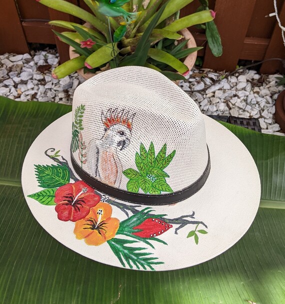 Hand painted Bird hat Hand-painted Hat from Mexico - Birds- White, Blue – Larkin Lane main image 2