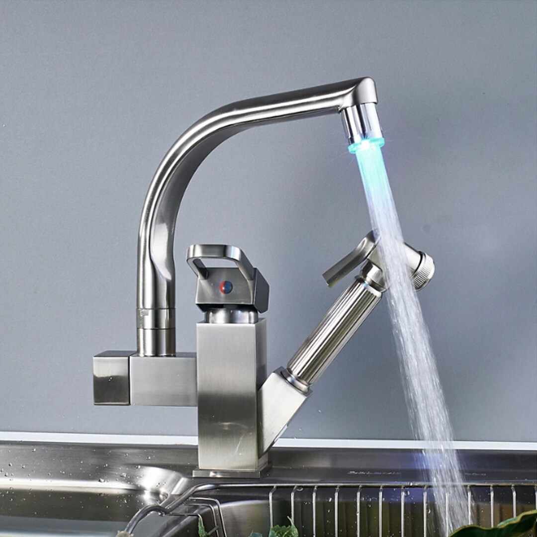 Brushed Nickel Kitchen Faucet Led Light Spout Pull Out Sprayer Etsy