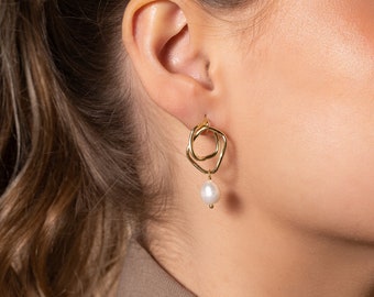 Ingrid - 18k Gold plated pearl earrings dainty hoop pearl drop earrings pearl earrings