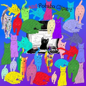Leuke kat clipart png-afbeeldingen. Ongebruikelijke verschillende kleuren. Kaarten, handwerk, stickers, magneten, kleding, logo&#39;s, schoenen, websites, ornamenten.