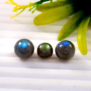 Op de afbeelding: Drie gepolijste labradoriet bollen van verschillende grootte. De bollen vertonen iriserende blauwe en groene flitsen, tegen een grijze achtergrond. De bollen zijn in een rij gerangschikt op een wit oppervlak, met groene en gele bladeren op de achtergrond.