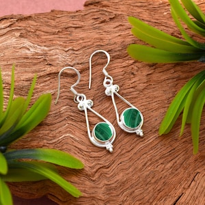 Natural Malachite 925 Sterling Silver Round earrings For Women Handmade Round Stone Earring Gift&#39;s For Mother&#39;s Day
